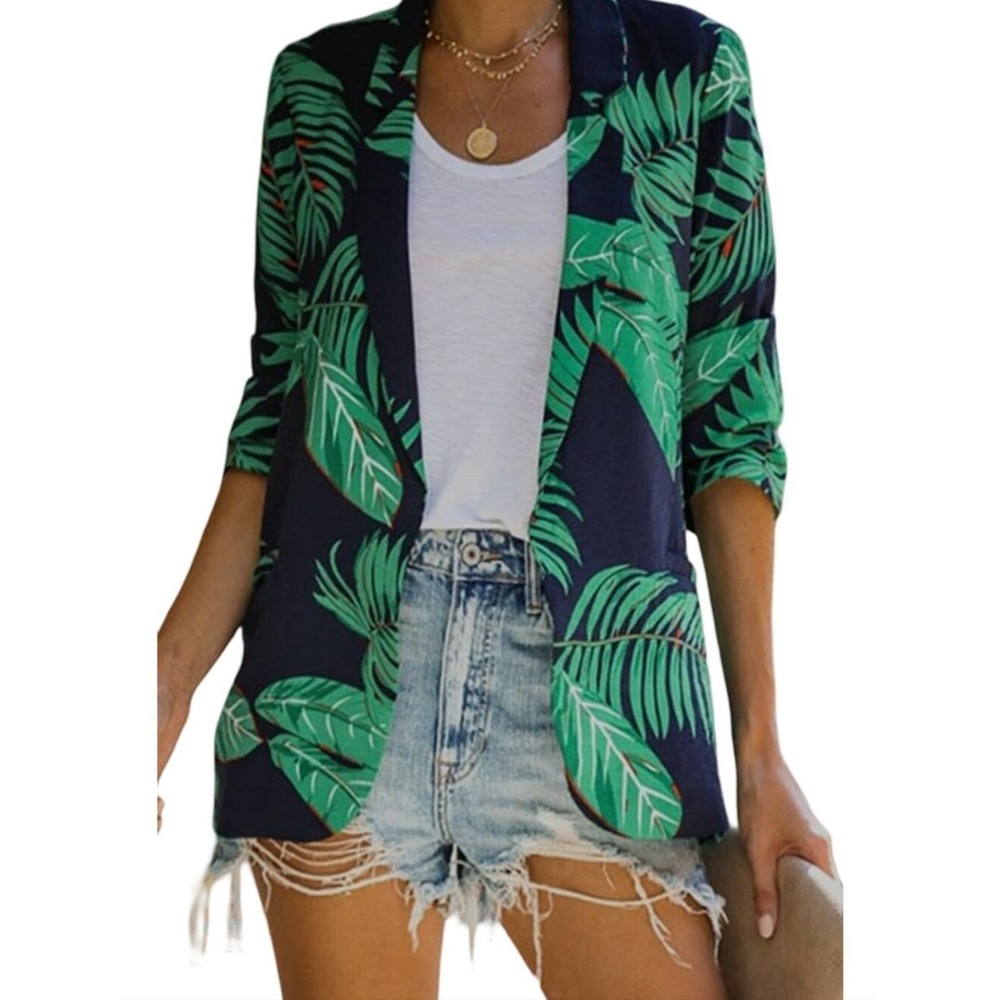 Skes are BLue Tropical Palm Leaf Print Open Front Blazer Navy Green 3/4 Sleeve